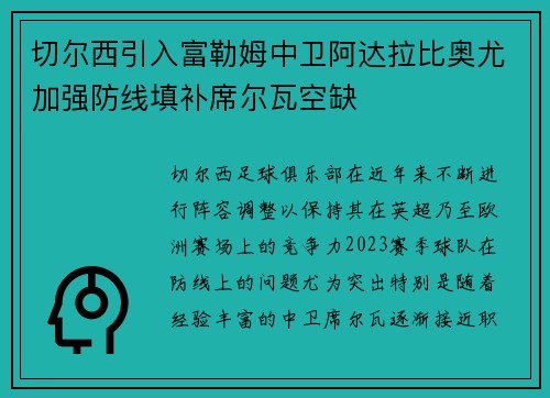 切尔西引入富勒姆中卫阿达拉比奥尤加强防线填补席尔瓦空缺